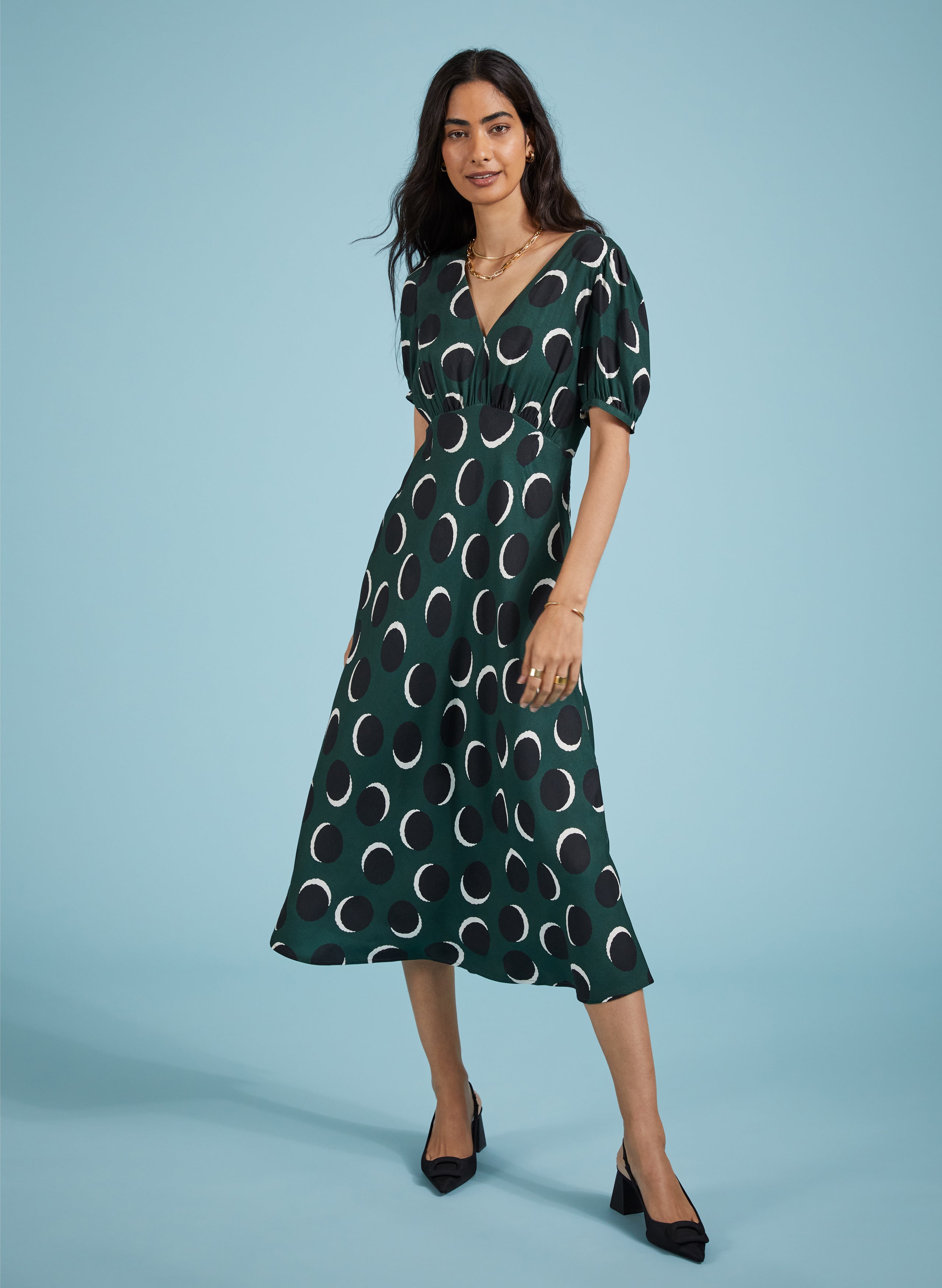 Kaydence Printed Midi Tea Dress with Livaeco - Green Shadow Spot | Baukjen