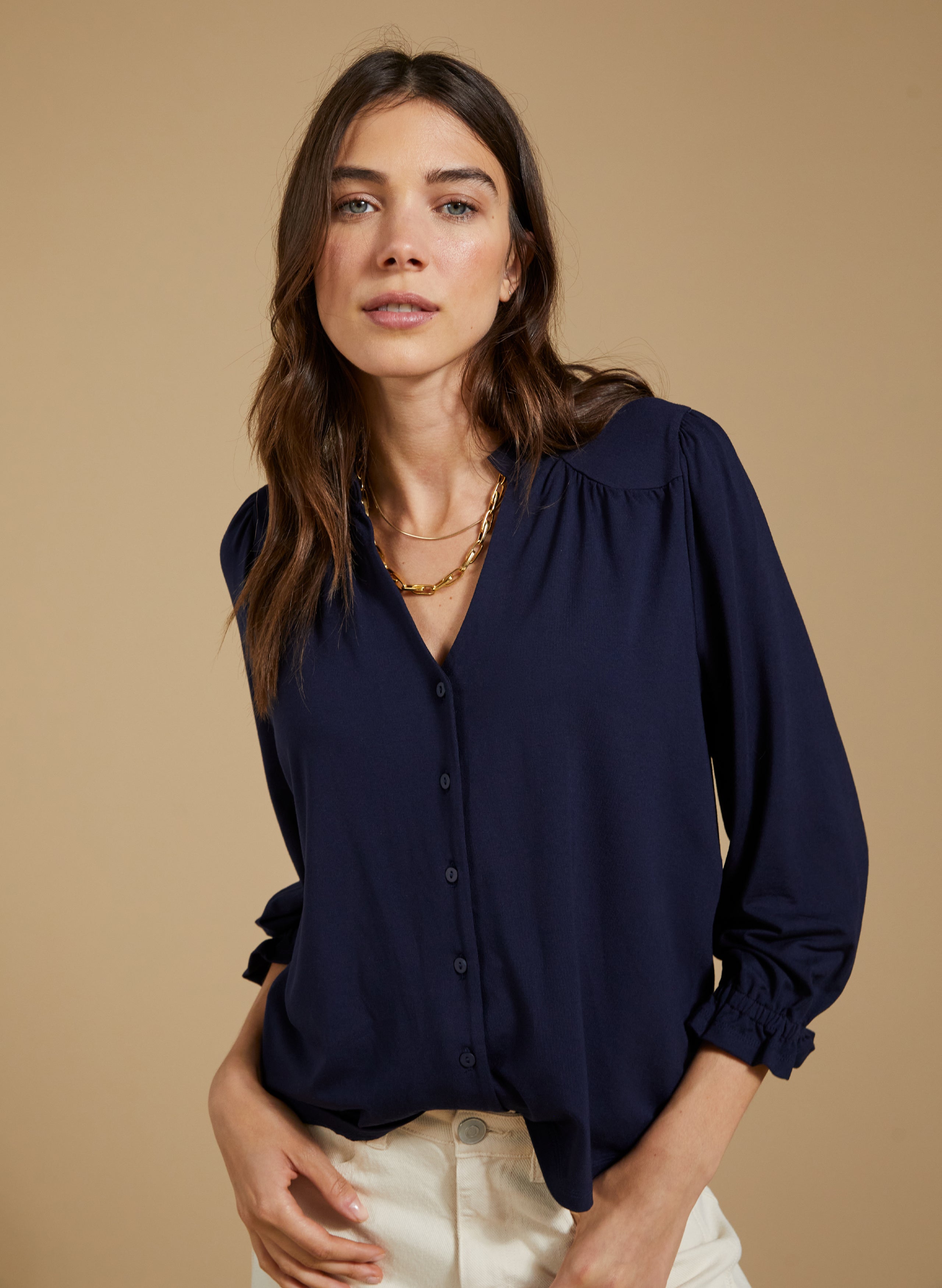 Navy blue ruffle shirt on sale