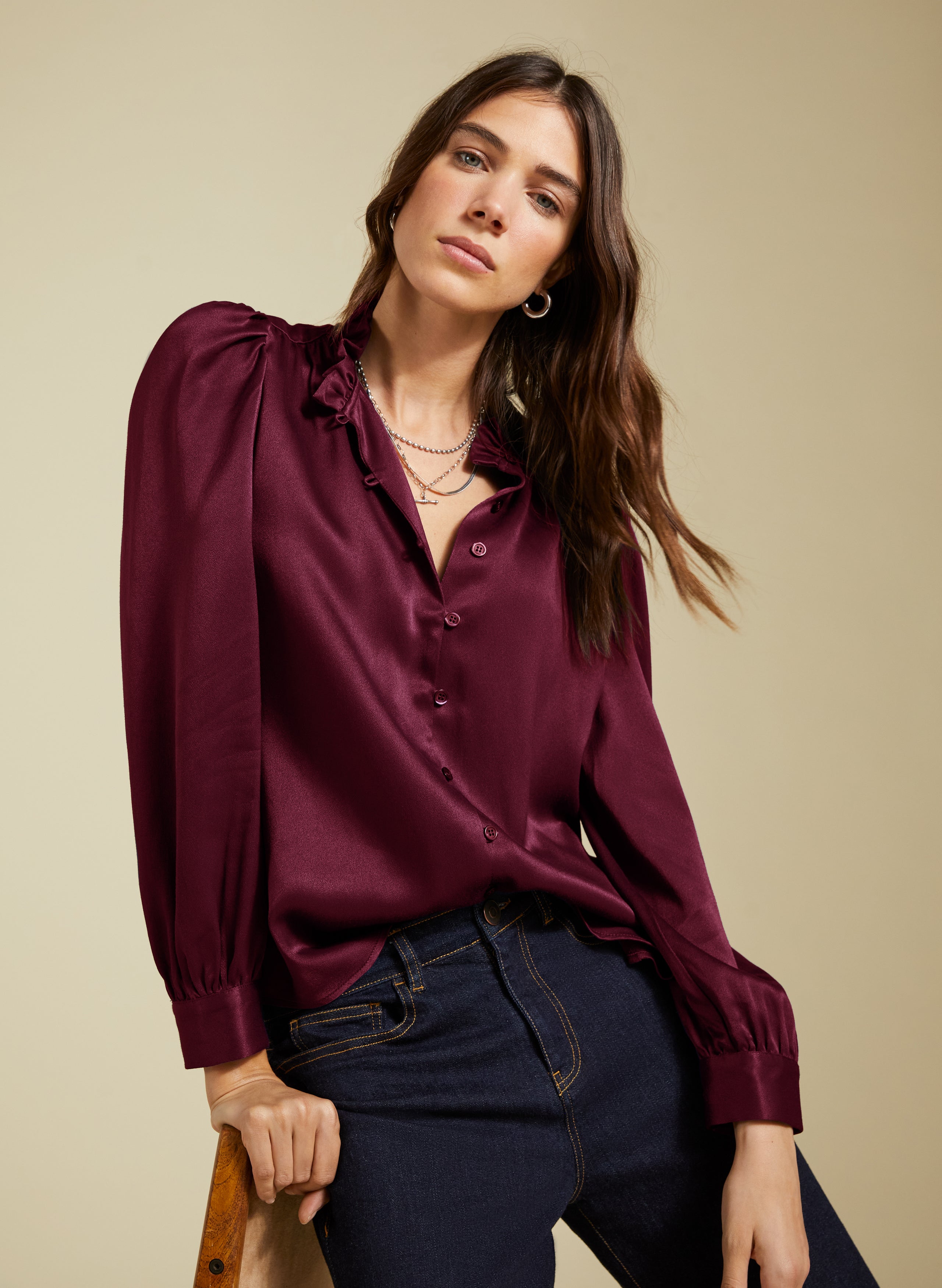 Burgundy satin blouse on sale