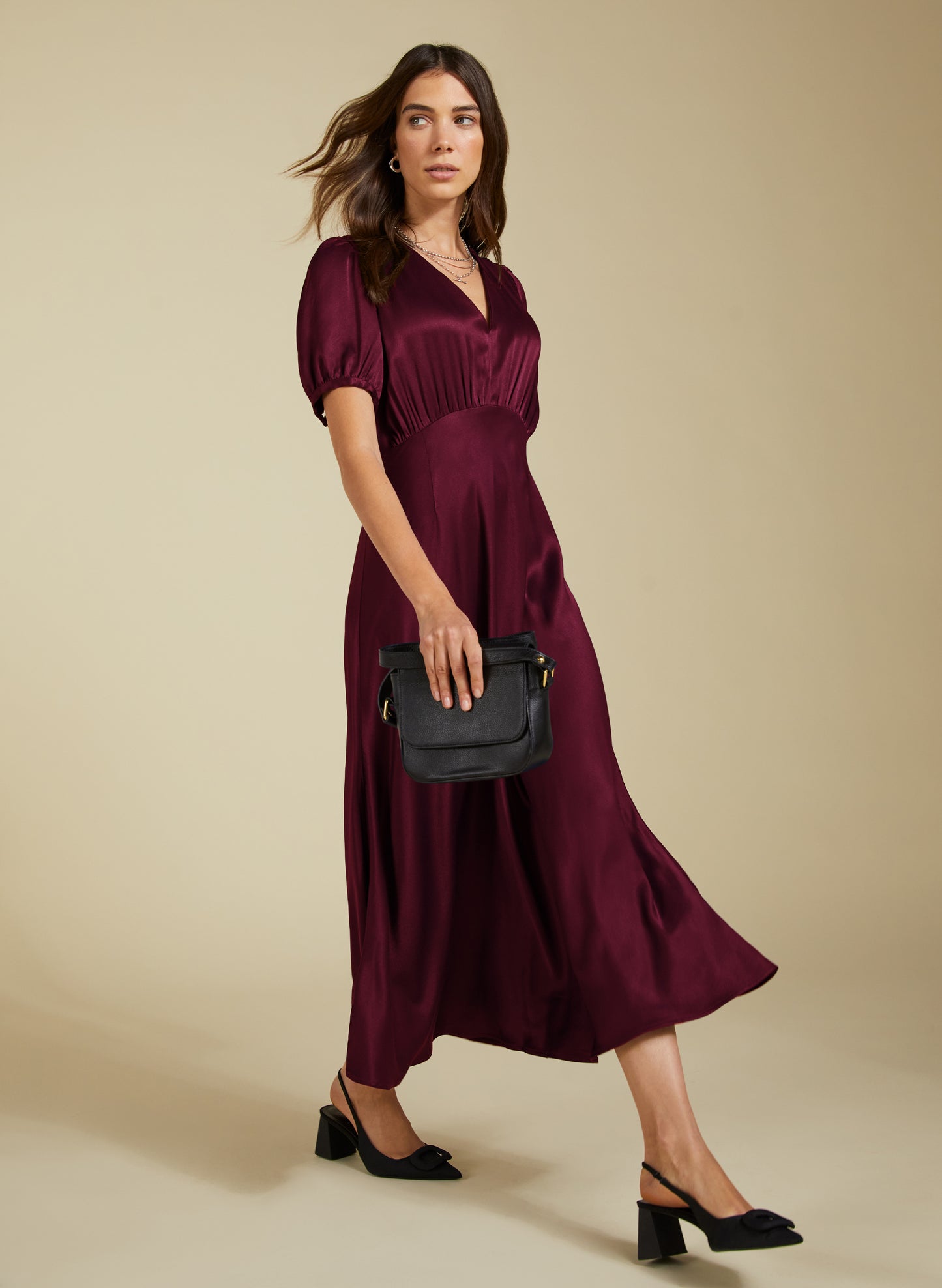 Cathy Satin V-Neck Midi Dress