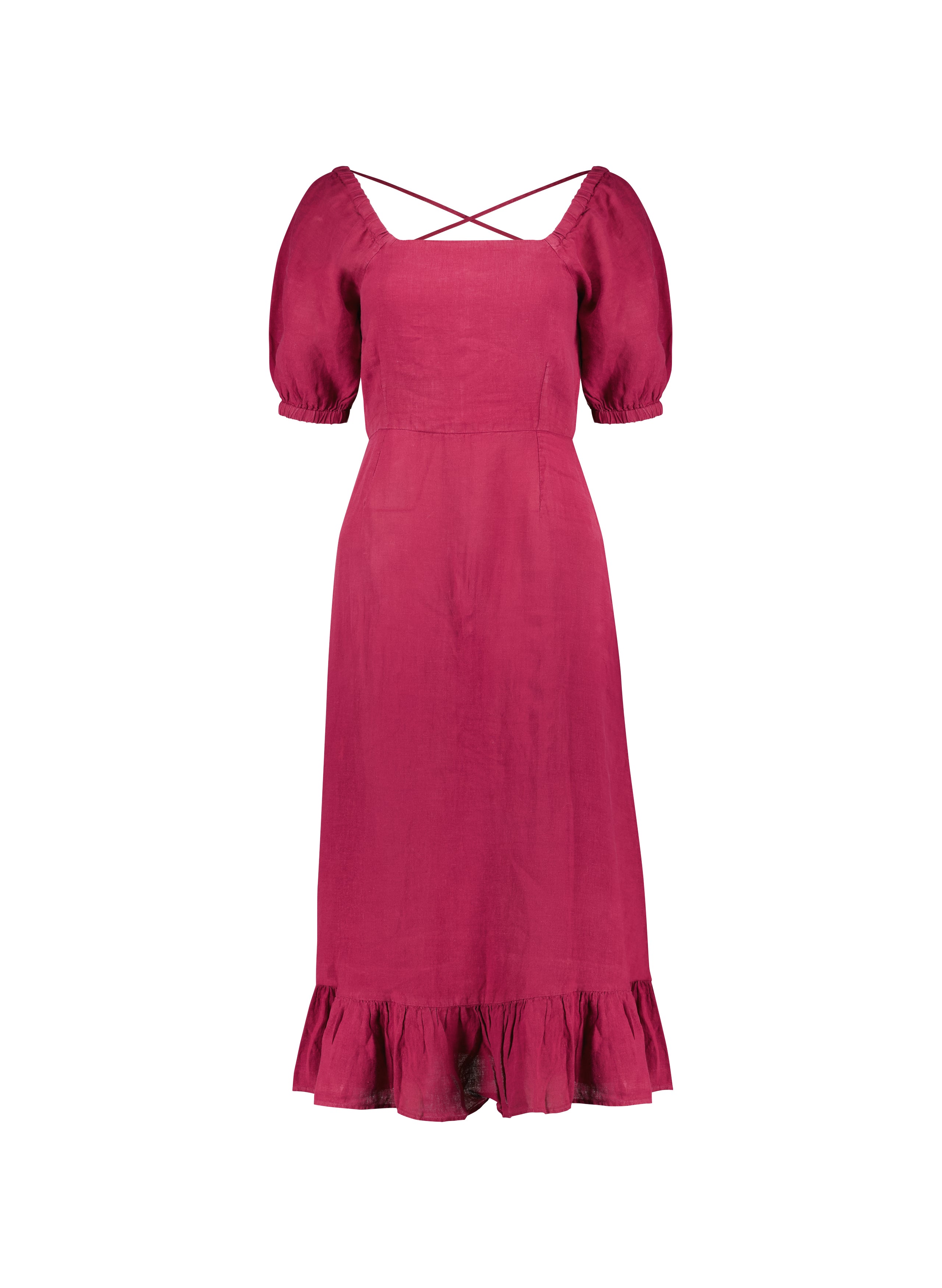 Raspberry Linen Tea dress /linen summer dress/ soft sale linen dress/Linen dress with front buttons /Pleated on the waist/puffed detail sleeves