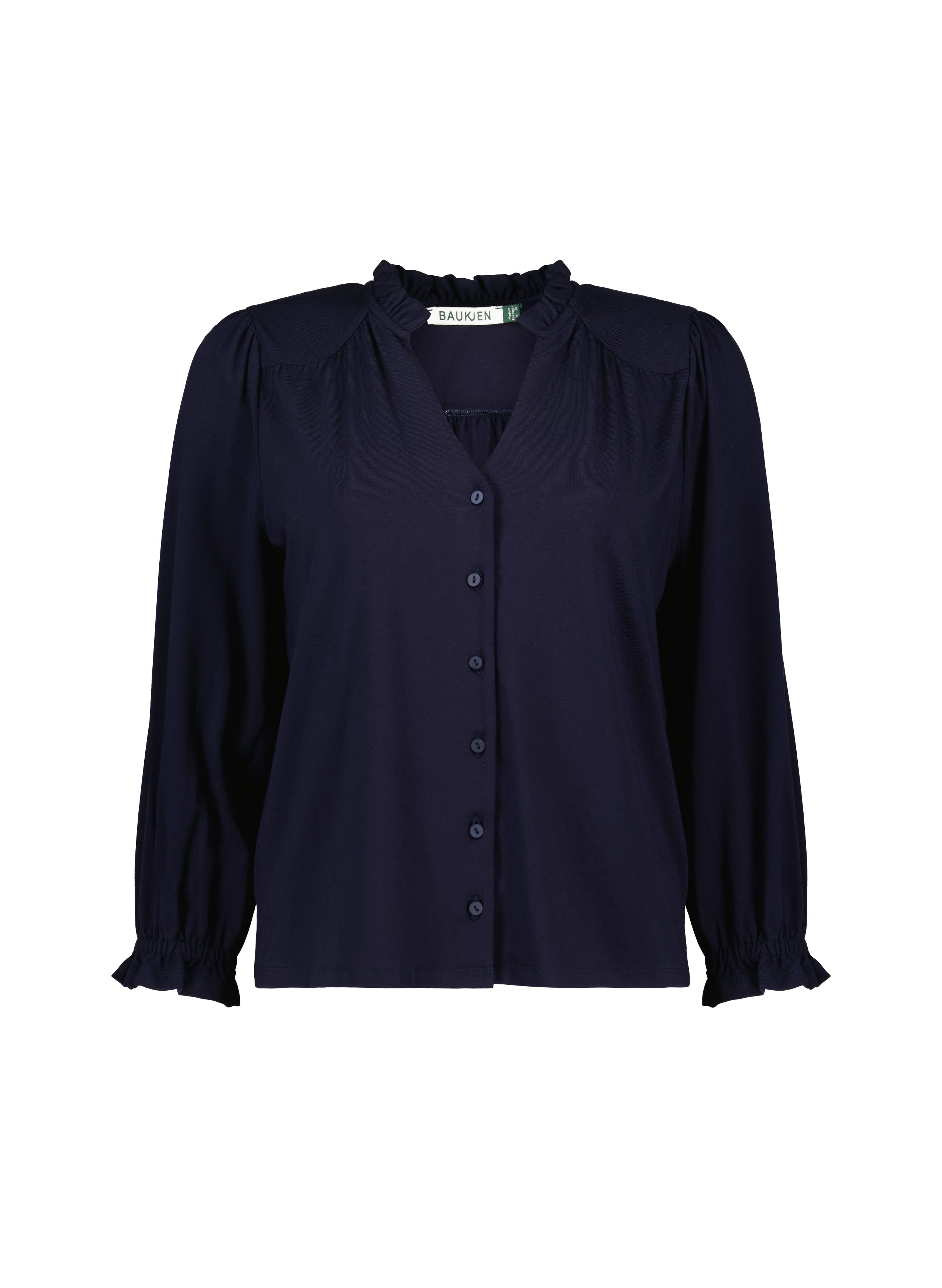 Navy ruffle blouse clearance