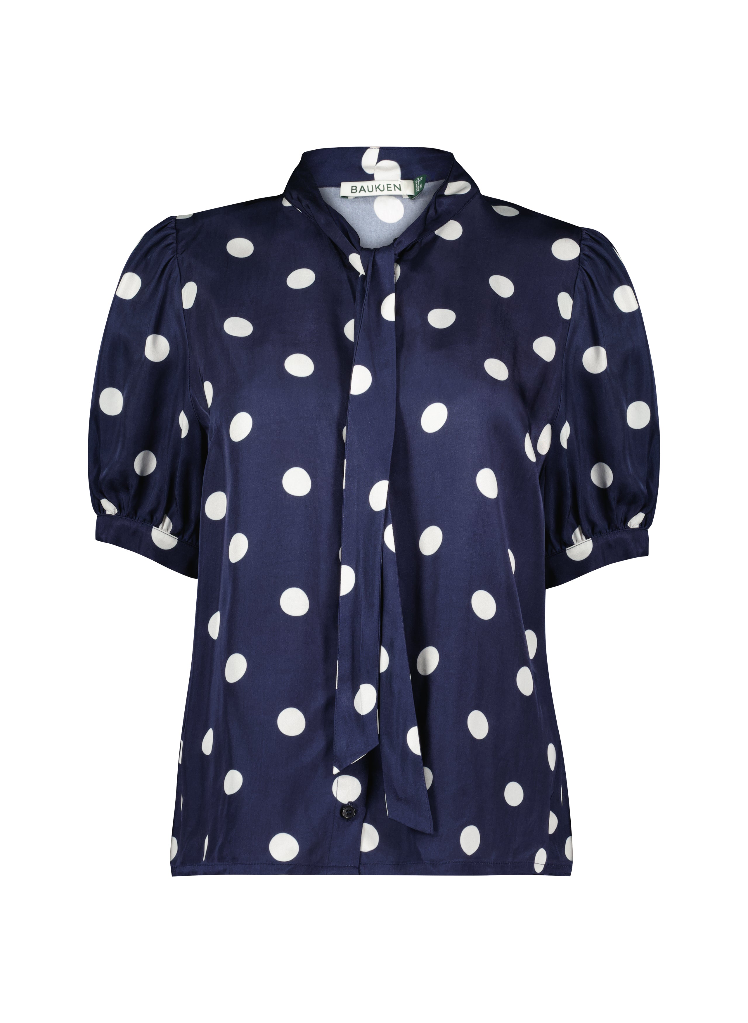 Violette Satin Blouse Navy Big Polka Baukjen