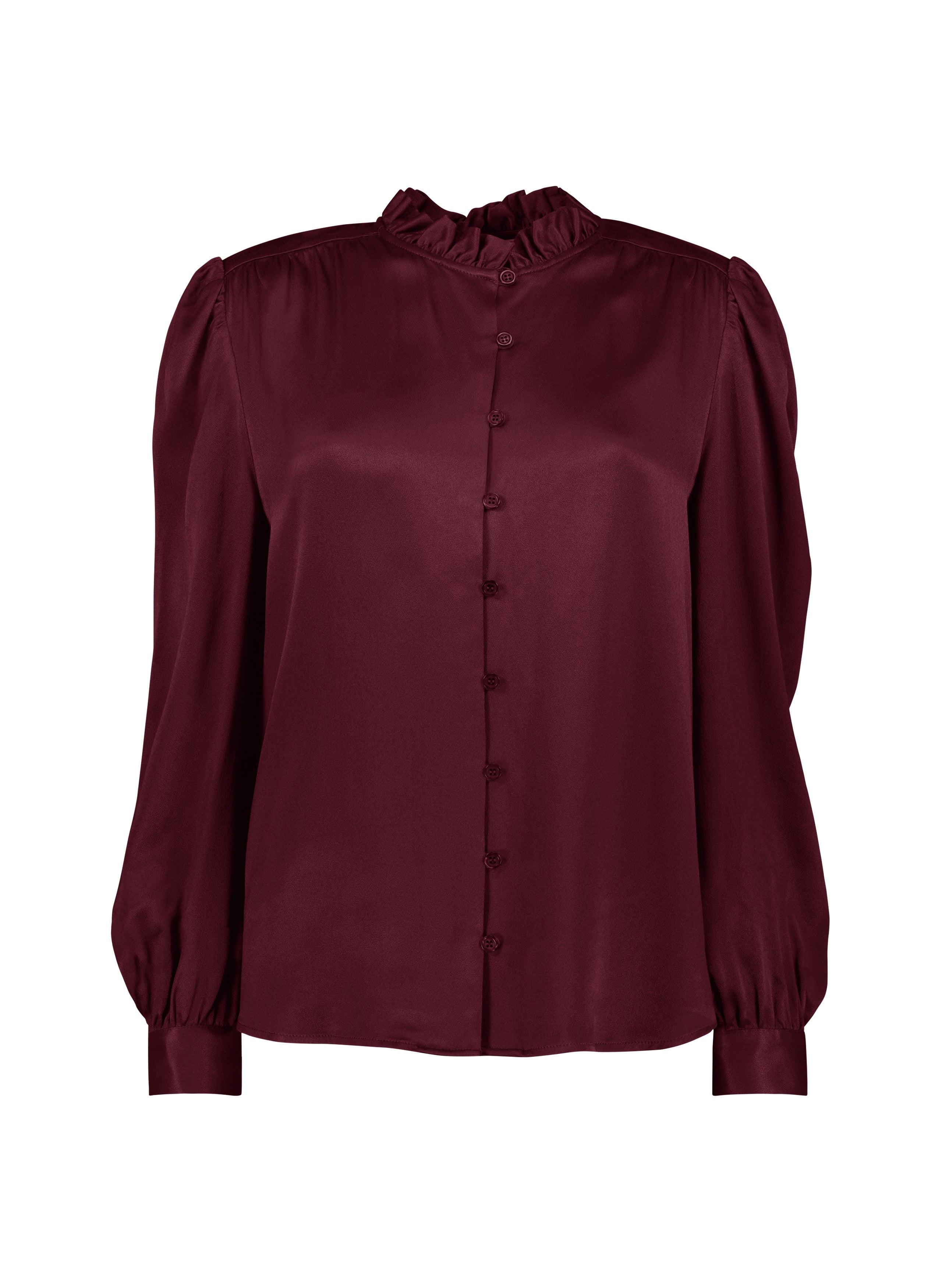 Evelyn Satin Frill Neck Blouse Burgundy Baukjen