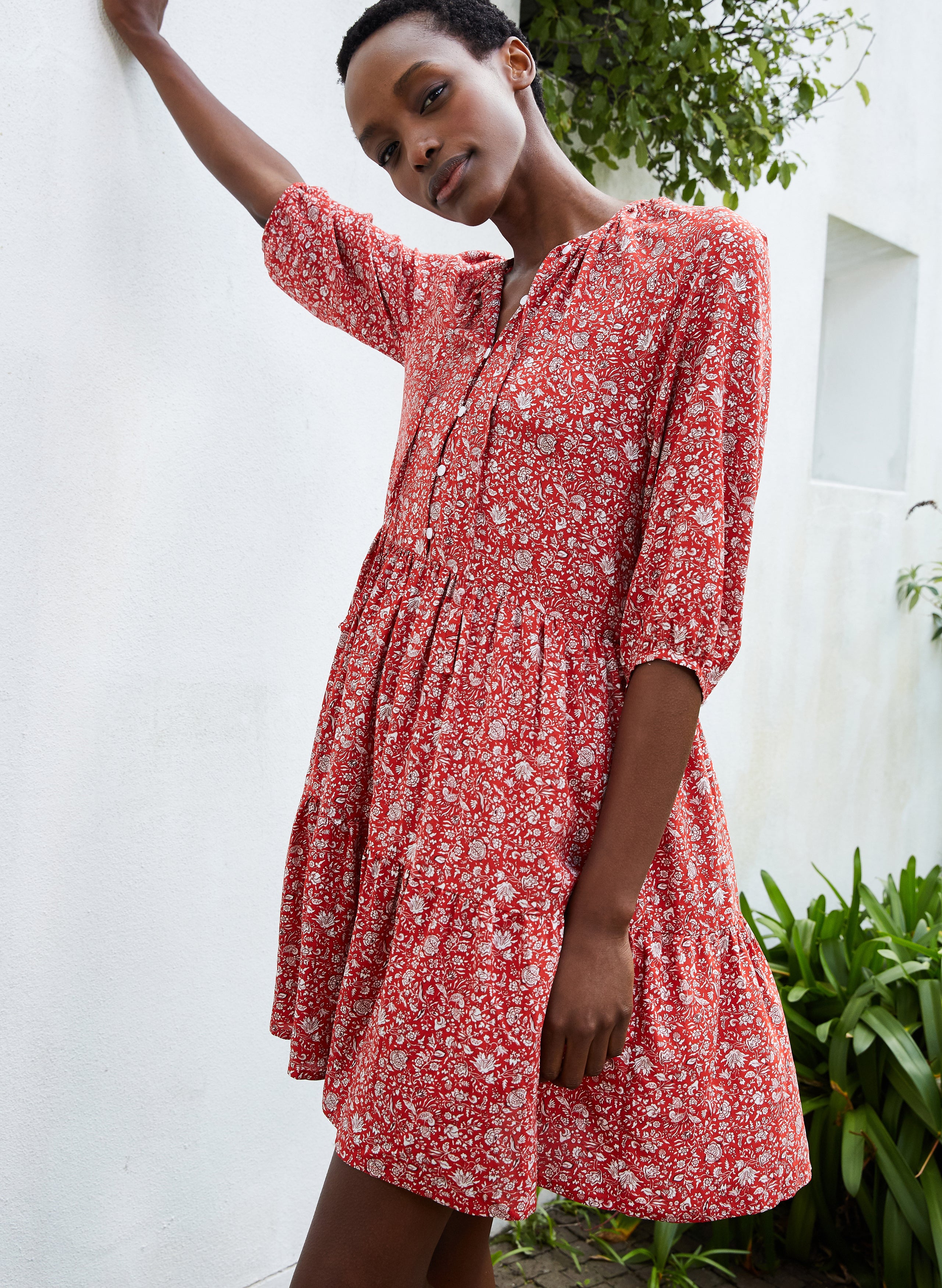 Red floral hot sale smock dress