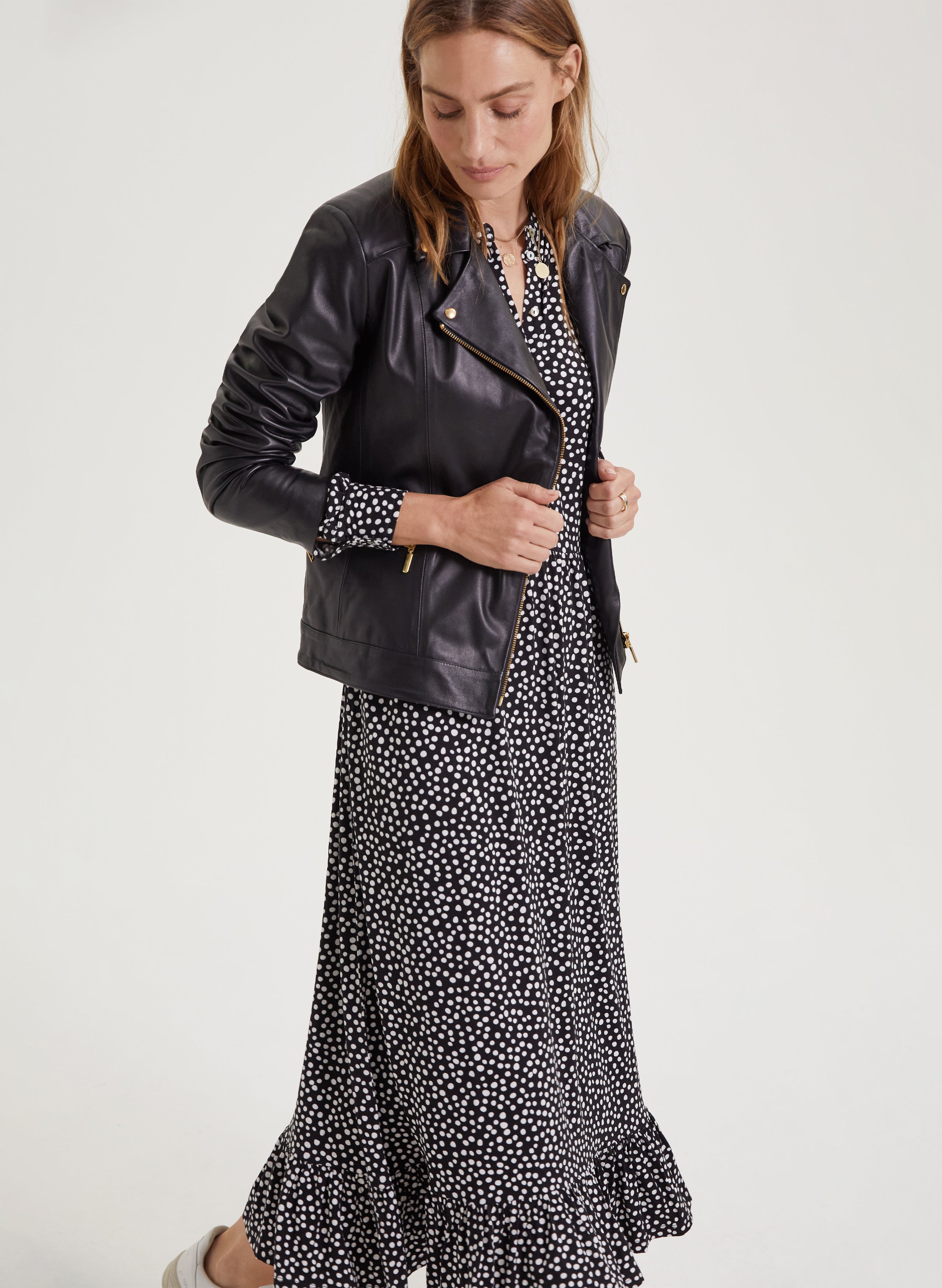 Polka dot dress with leather jacket hotsell