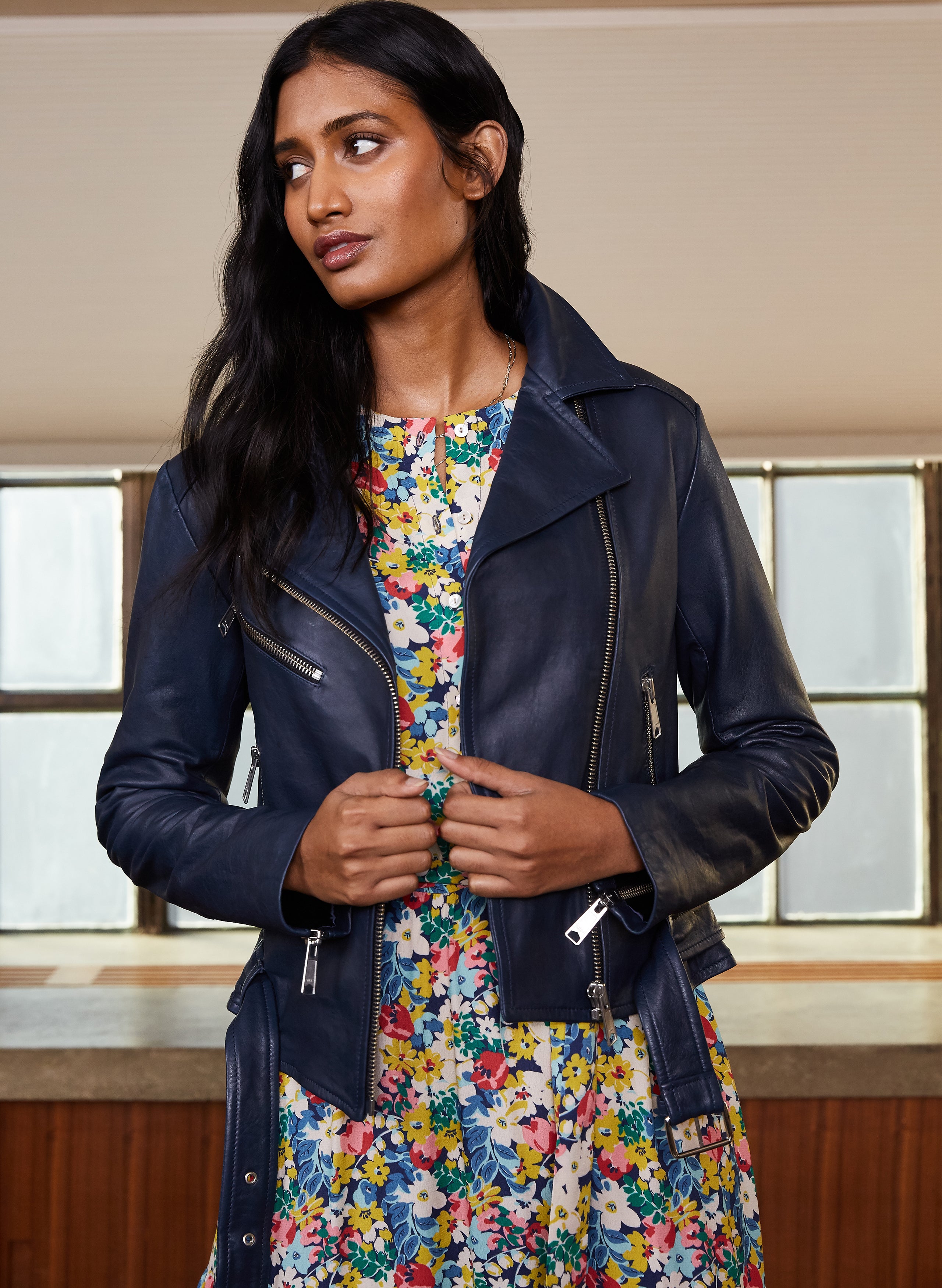 Black floral leather clearance jacket