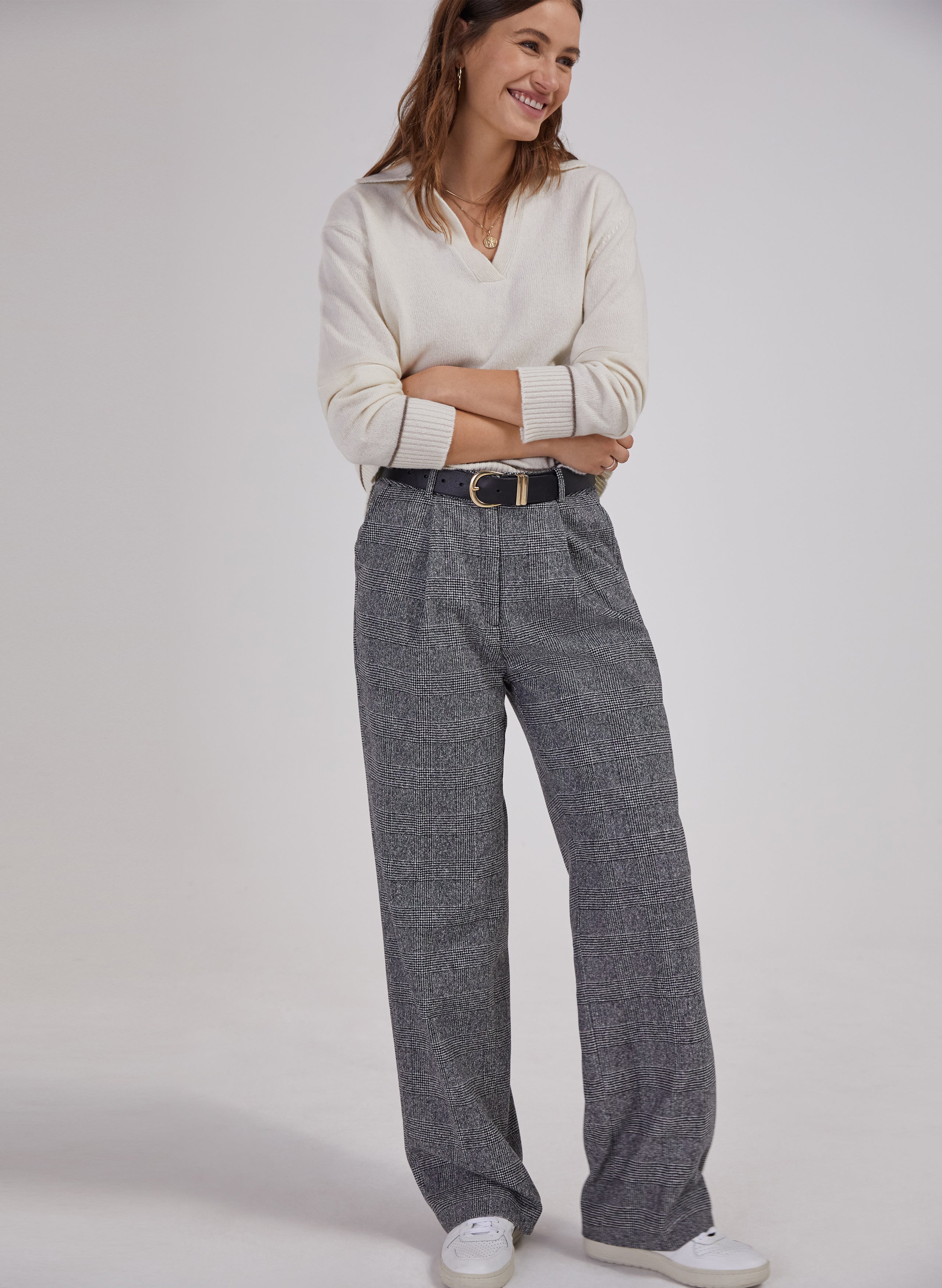 Victoria Wool Blend Wide Leg Trousers - Black & White Check | Baukjen